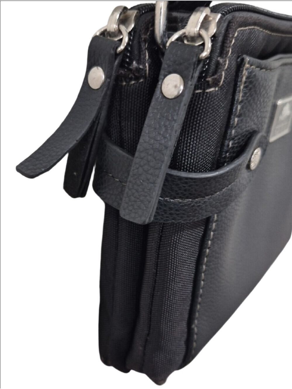 Roots 73 Black Pebbled Vegan Leather Crossbody Bag Triple Zip Multi-Pocket Purse - Picture 5 of 16